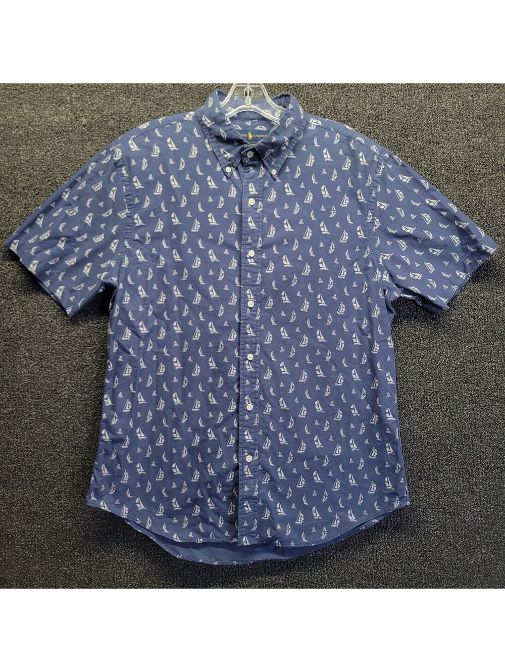 Polo Ralph Lauren Short Sleeve Shirt Button Front Sail Boats Size L Slim Fit
